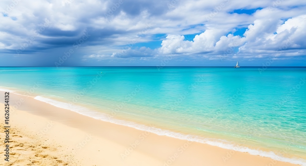 Fototapeta premium Idyllic caribbean beach scene with turquoise water and a distant sailboat