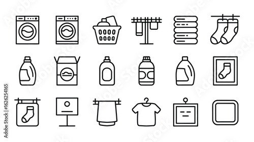 Laundry Day Icon Set Black and White Line Art Graphics Washing Machine Clothes Dryer Detergent Soap Powder Basket Socks Towel T Shirt