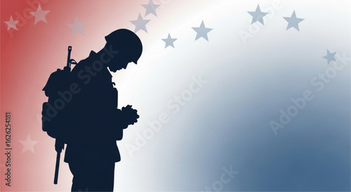 Silhouette of a Soldier Praying Against an American Flag Backdrop with Stars for Remembrance