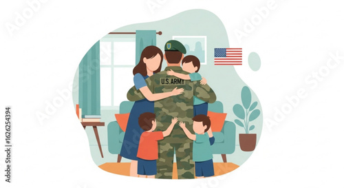 Illustration of a us army soldier returning home to his family with love and happiness