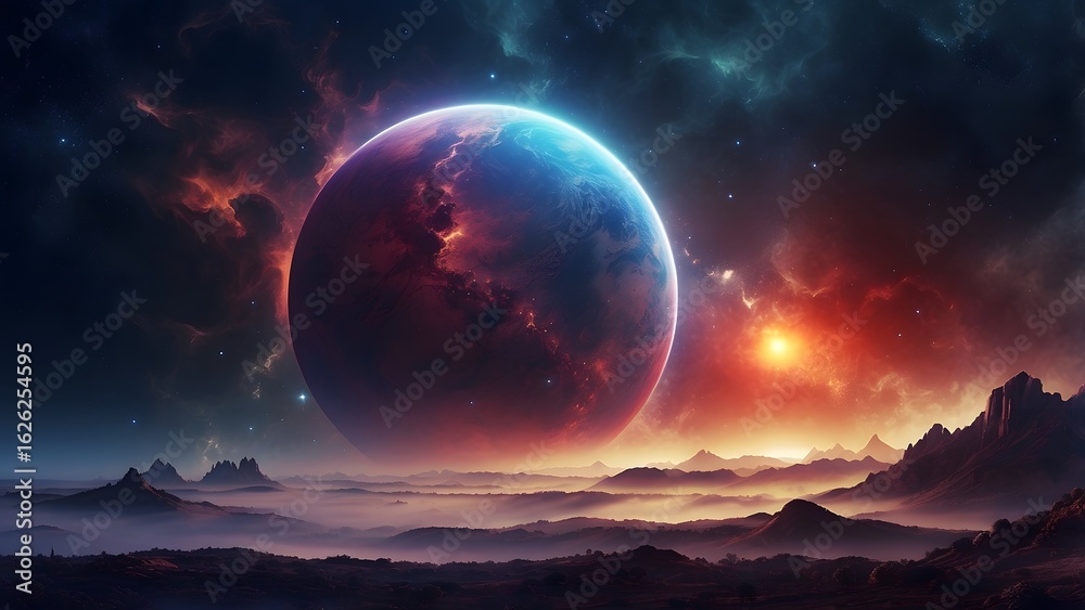 Fototapeta premium A glowing crescent planet partially hidden by a cosmic mist..Cinematic theme, HDR, Vibrant