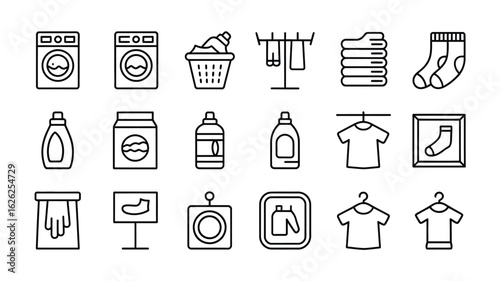 Laundry Day Icon Set Black and White Line Art Washing Machine Clothes Dryer Detergent Soap Powder Basket Socks T Shirt