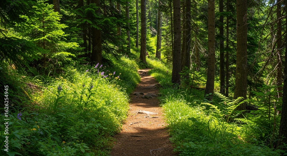 Obraz premium Forest path through lush green trees