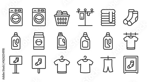 Laundry Day Icon Set Black and White Line Art Washing Machine Clothesline Detergent Socks T Shirt