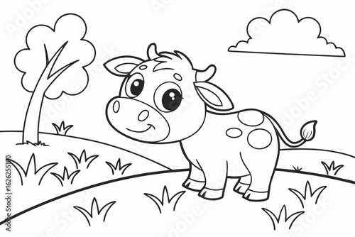 Coloring Pages, little cow with big eyes, cartoon style, black and white for children