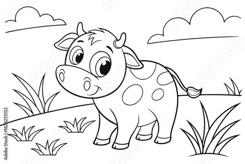 Coloring Pages, little cow with big eyes, cartoon style, black and white for children