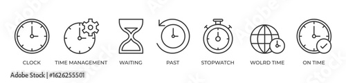 Mastering Time Icons set vector illustration outline with Clock, Time management, Waiting, Past, Stopwatch, Wolrd time, On time