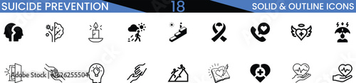 Suicide Prevention Icon Set – 18 Solid and Outline Icons for Mental Health Awareness