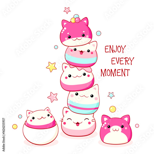 Stack of traditional Chinese animal-shaped mantou buns. Cute cat-shaped dessert in kawaii style. Inscription So sweet. Can be used for t-shirt print, sticker, greeting card. Vector illustration EPS8