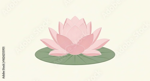 A stylized illustration of a pink lotus flower in full bloom, resting on a green lily pad against a simple off-white background.