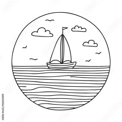Doodle illustration of a wide ocean with a sailing boat