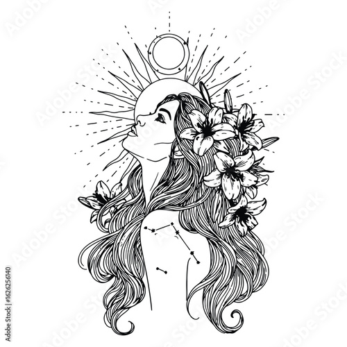 Beautiful woman adorned with flowers and celestial elements with sunburst design in black and white.