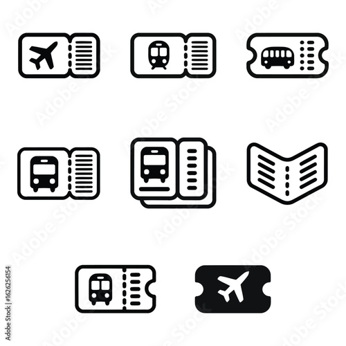 Photo of a collection of various transportation tickets including airplane, train, and bus icons, representing travel and journeys