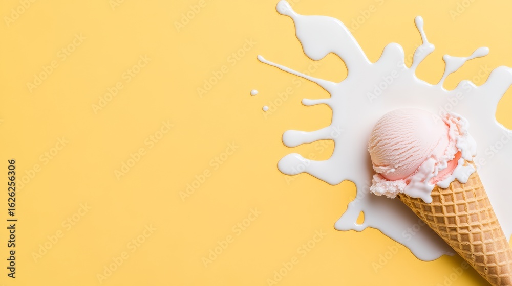 Fototapeta premium Melting strawberry ice cream cone on yellow background