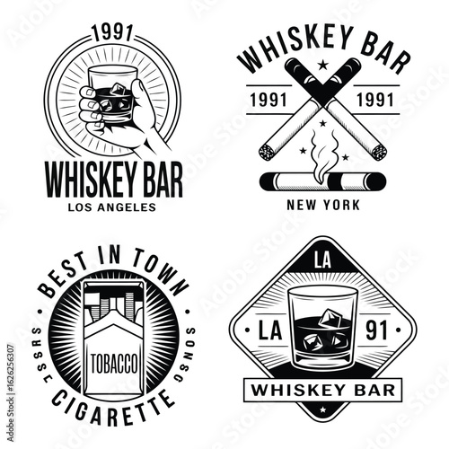 Photo of vintage whiskey bar logos featuring drinks, cigars, and cigarettes evoke a classic, sophisticated atmosphere