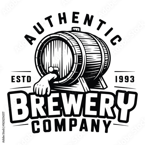 Photo of an authentic brewery company logo featuring a vintage wooden barrel with a hand emerging from it