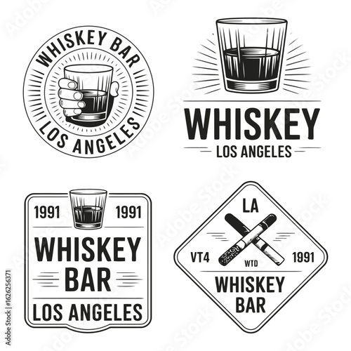 Photo of a collection of vintage whiskey bar logos and emblems featuring glasses of whiskey, hands, and city names