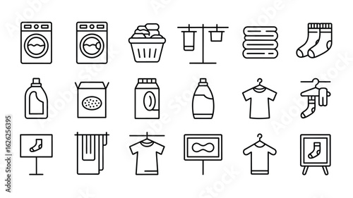 Laundry Day Line Art Icons Collection Featuring Washing Machines Laundry Baskets Clothesline Socks Detergent Boxes T Shirts and Drying Racks