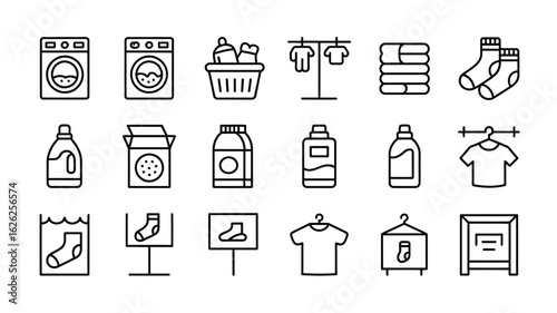 Laundry Day Line Art Icons Collection Washing Machine Detergent Clothesline Socks Laundry Basket Fabric Softener Drying Rack T Shirt