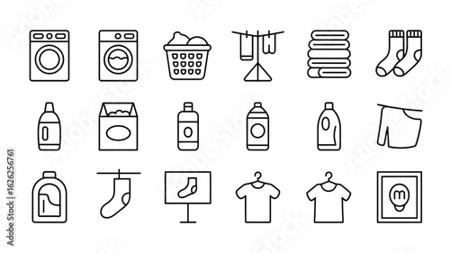 Laundry Day Line Icons Collection Featuring Washing Machines Clothesline Socks Detergent Bottles Laundry Basket and T Shirts