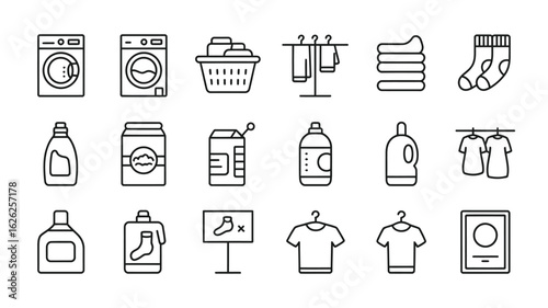 Laundry Day Line Icons Collection Washing Machine Detergent Clothes Drying Rack Socks Basket Fabric Softener Laundry Symbols