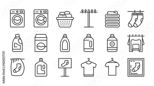 Laundry Day Line Icons Collection Washing Machine Detergent Clothesline Socks Basket Drying Rack T Shirt Laundry Symbols Vector Illustration