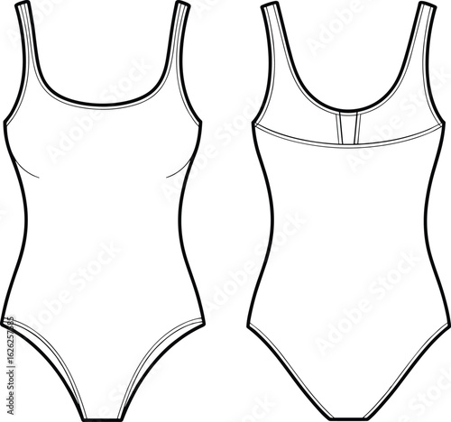 One piece swimsuit flat sketch, front and back technical drawing, fashion swimwear design, vector outline, female bathing suit template