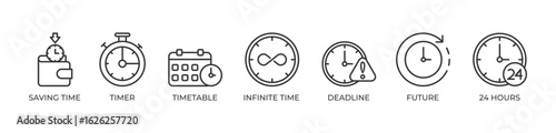 Time Optimization Icons set vector illustration outline with Saving time, Timer, Timetable, Infinite time, Deadline, Future, 24 hours