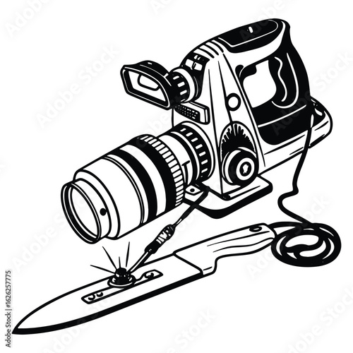 Conceptual illustration of videography equipment with a knife suggesting editing and cutting concepts