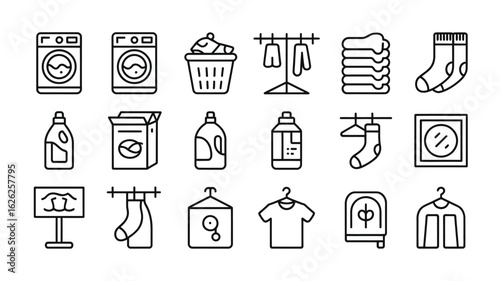 Laundry Day Line Icons Collection Washing Machine Detergent Soap Powder Clothes Drying Rack Socks T Shirt Hanger Laundry Basket Clean Clothes