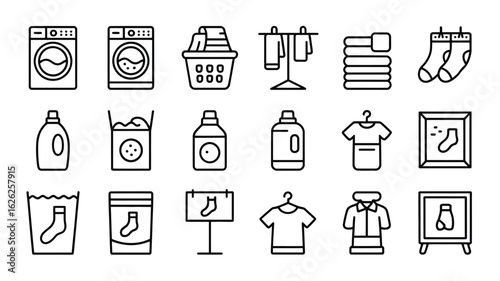Laundry Day Line Icons Collection Washing Machine Dryer Clothes Basket Detergent Soap Powder Socks T Shirt Drying Rack Cleanliness Household Chores