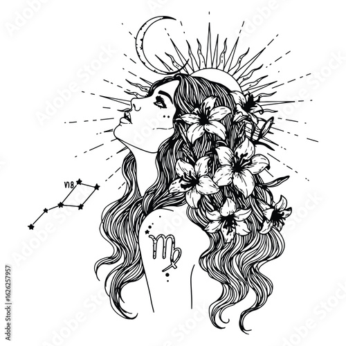 Elegant virgo zodiac illustration featuring a woman with floral hair and a celestial theme