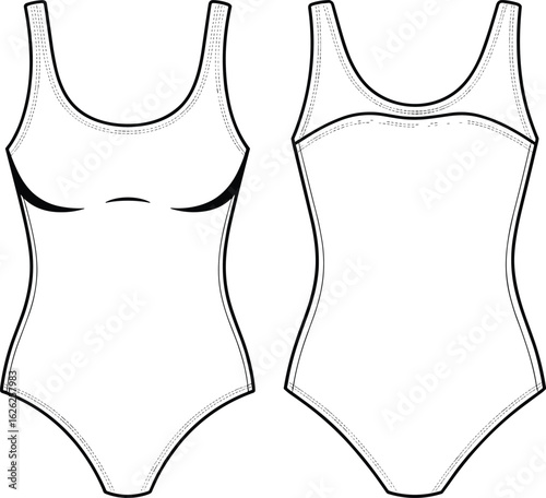 One piece swimsuit technical drawing, front and back view, flat vector sketch, fashion design template, lingerie cad, apparel outline