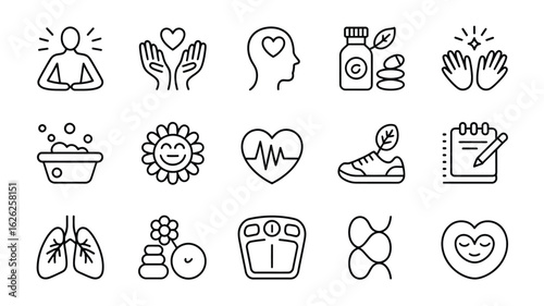 Wellness Icons Collection Black Line Art Graphics Set Healthy Lifestyle Symbols Mind Body Spirit Balance Self Care Yoga Meditation Bath Sun