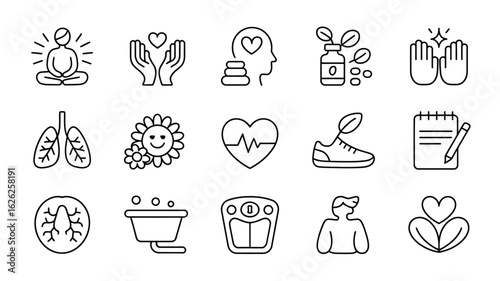 Wellness Icons Collection Black Line Art Graphics Set Healthy Lifestyle Symbols Yoga Meditation Heartbeat Lungs Bath Scale Notebook