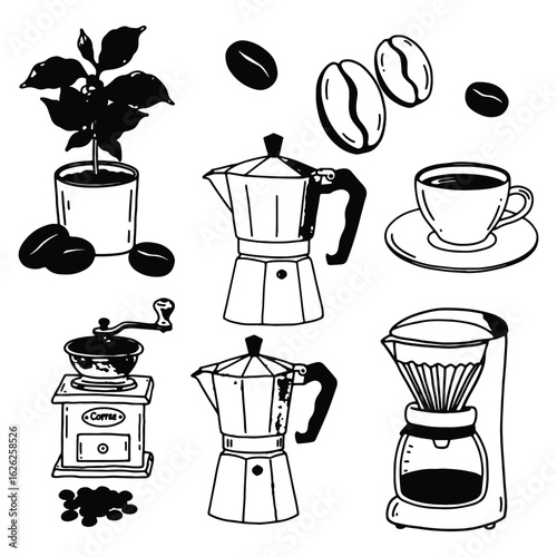 Hand drawn coffee shop elements illustration featuring espresso makers coffee beans and plants