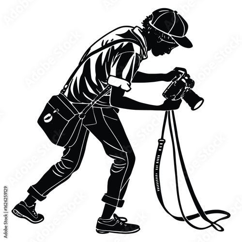 Silhouette of a photographer in action taking photographs holding his camera