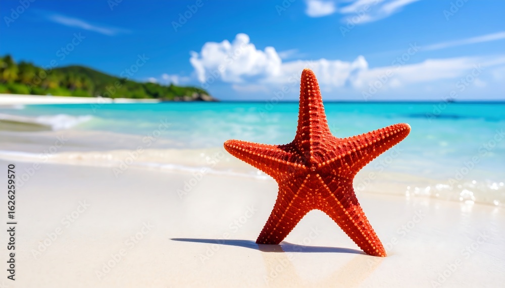 Vibrant starfish on white sand beach with turquoise water and blue sky Vibrant starfish on white sand beach with turquoise water and blue sky