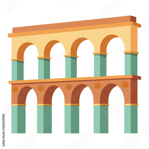 An ancient Roman aqueduct with multiple arches on a clean background, a historic architectural landmark.
