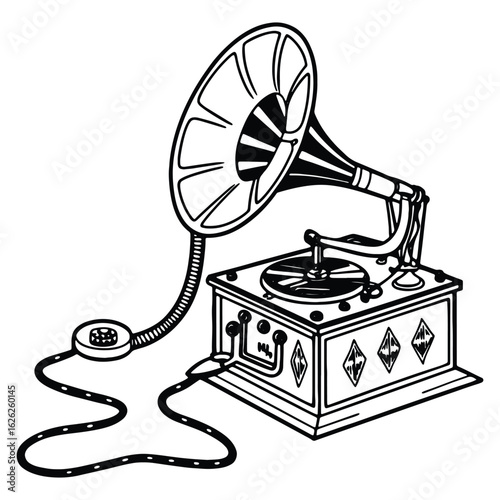 Vintage black and white gramophone illustration with telephone component and retro design