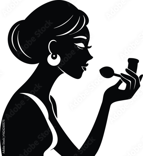 black silhouette a woman applying makeup on white .eps