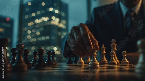 Businessman Playing Chess In City At Night