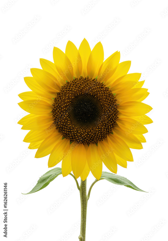 Fototapeta premium An immaculate sunflower with vibrant yellow petals and a detailed dark brown seed head, standing upright against a transparent studio background with copy space, natural vitality concept