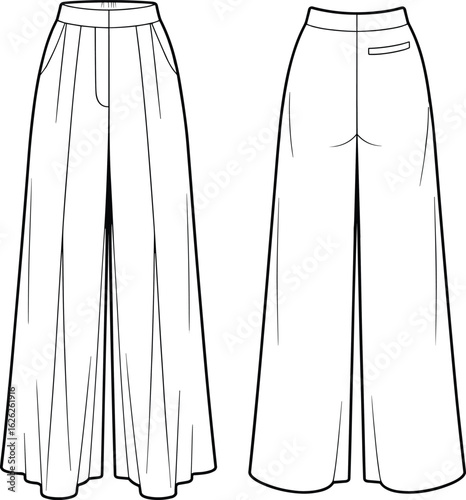 Wide leg pants flat sketch, fashion technical drawing, women's palazzo trousers CAD illustration, garment design template, vector fashion sketch