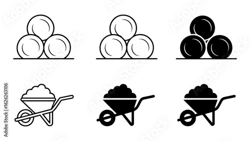 Vector art of hay bales and wheelbarrows in a field isolated on white background for agriculture