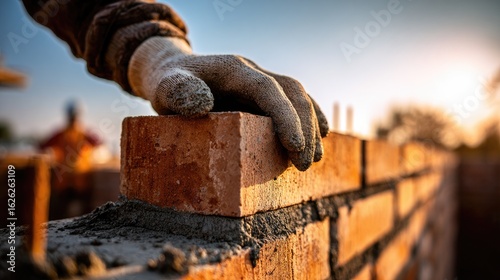 Bricklayer Placing Brick In Wall