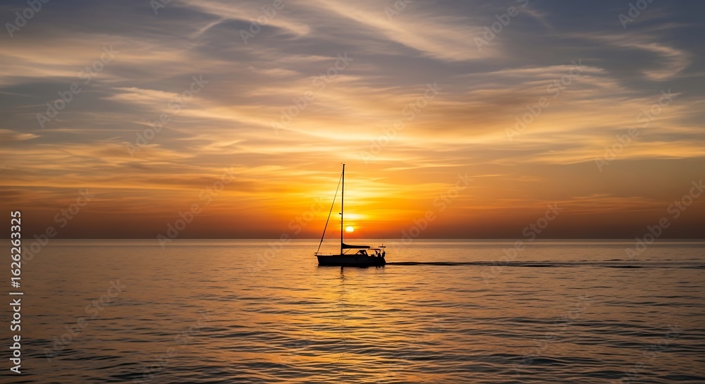 Fototapeta premium Serene Sailboat Silhouette at Sunset: Capturing the Golden Hour on the Open Sea