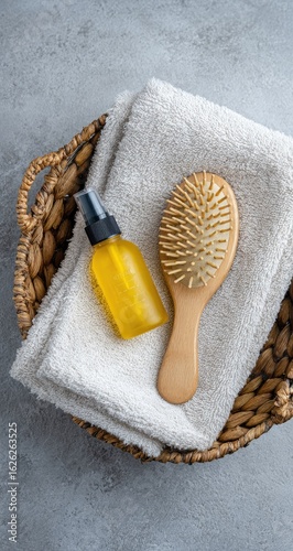 A wicker basket holds a spray bottle, a wooden brush, and a towel.  Natural hair care products