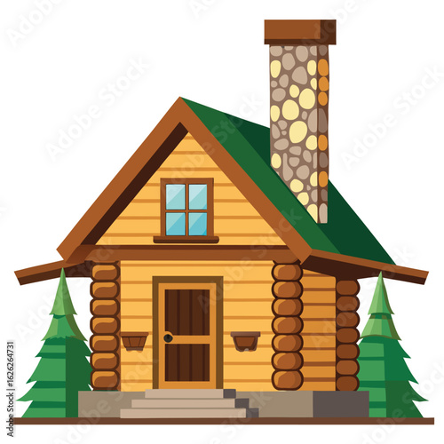A rustic log cabin with a stone chimney and a covered porch, a cozy home in the woods, a classic design.