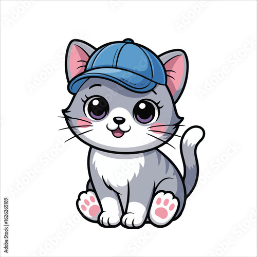 kawaii Cartoon Kitten in Blue Cap – Playful Character Illustration